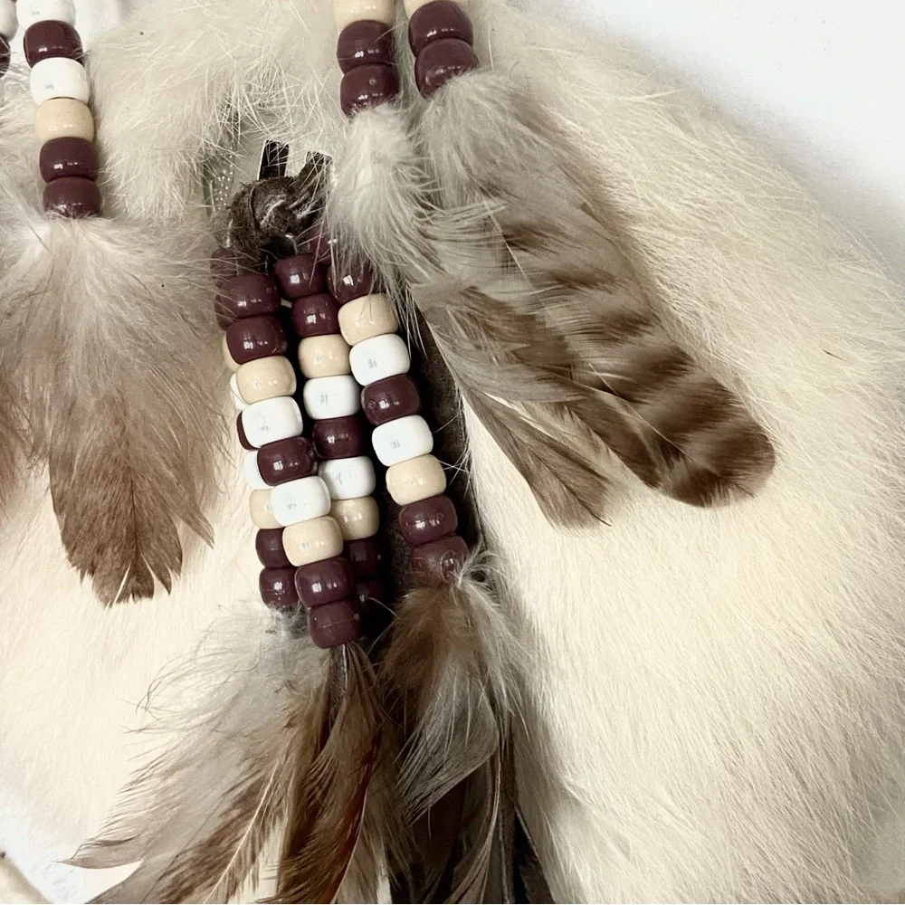 Vintage Native American Handmade Dreamcatcher‎ Fur Hide Feathers Wool Beads